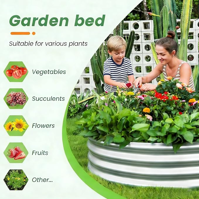 Round Galvanized Raised Garden Bed Kit, Round Galvanized Planter for Vegetables/Herbs/Flowers Heavy-Duty Steel Outdoor Water Trough (Silver, 5X5X1FT)