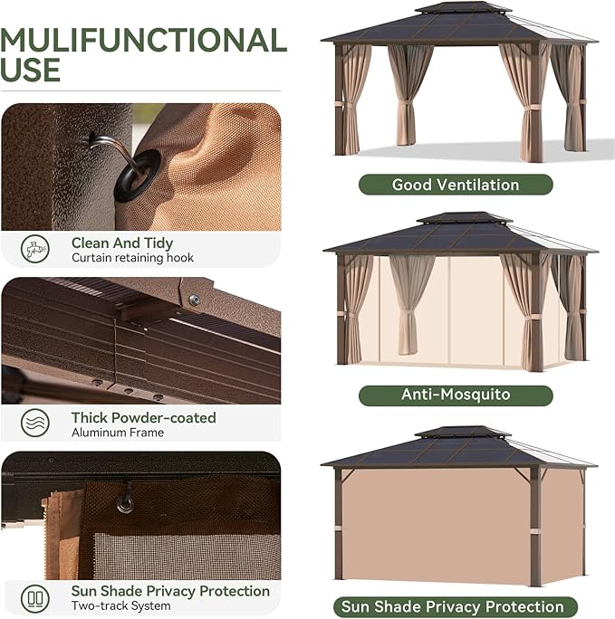 Aoxun 10'x12' Hardtop Gazebo, Aluminum Frame Permanent Pavilion with Light, Curtains and Netting, Outdoor Polycarbonate Gazebo, Double Roof Canopy, for Gardens, Patios, Lawns