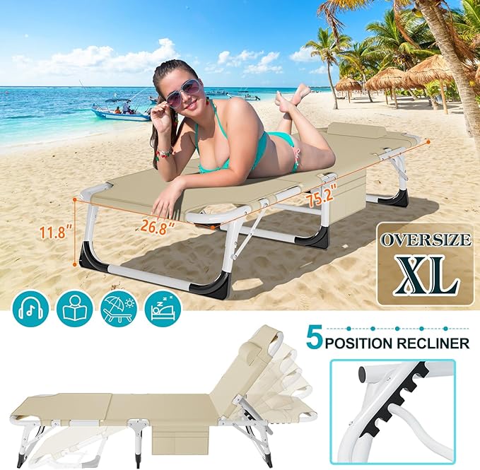 ABORON 3 in 1 Sun Tanning Chair Oversized with Mat&Face Arm Hole, Heavy Duty Folding Chaise Lounge Chairs, 5-Position Outdoor Lounge Chair/Pillow, for Beach, Pool, Lawn, Yard, Patio