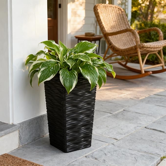 Worth Garden 2-Pack Black Tall Planter - Plastic Square Tapered Tree Plant Pots with Drainage Hole for Indoor Outdoor - 22" H Modern Wavy Finish Decorative Flower Pots for Front Porch Patio Deck