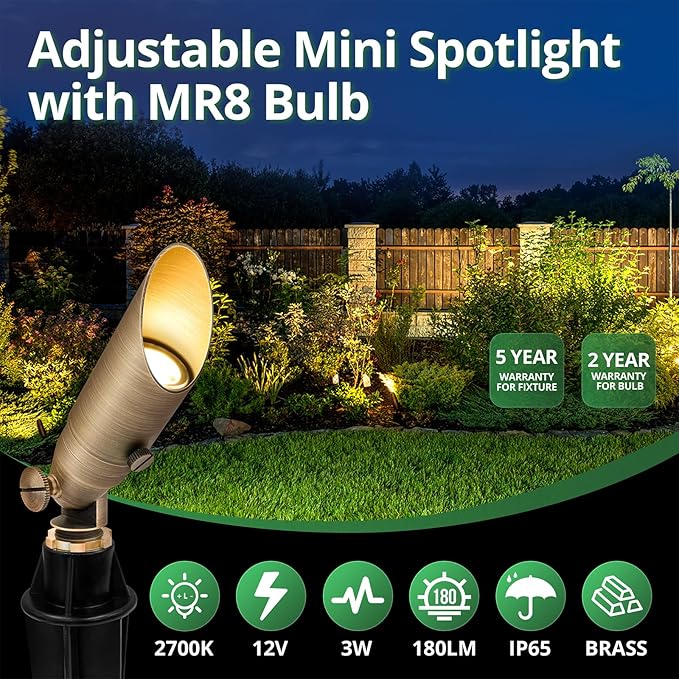 GKOLED Low Voltage Solid Brass LED Spotlight, Outdoor Waterproof Landscape Lighting with MR8 Bulb, Adjustable Uplights with Stake for House Garden Trees Lawn Patio Yard Fence, 3W 12V 180LM 2700K