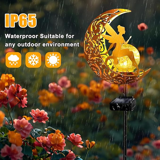 YJFWAL 2 Pack Garden Solar Lights Pathway Stake Lights Moon Fairy Glass Globe with Angel Decor, Birthday Christmas Gift for Mom Grandma Friends, Outdoor Decor Light Waterproof for Walkway, Yard, Patio