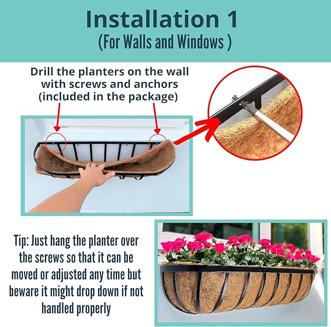 LaLaGreen Outdoor Wall Planter for Plants (24 Inch, 8 Pack) Large Black Metal Basket with Coco Liner, Window Flower Box Deck Railings Hanging Balcony Plant Holder Pot Garden Fence Balcony Patio Rail