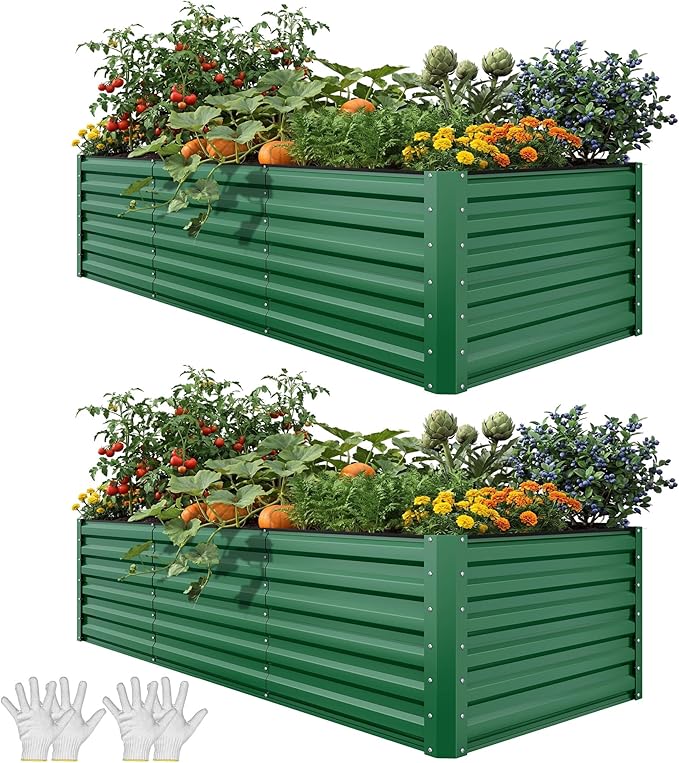 YITAHOME 8x4x2ft 2pcs Large Raised Garden Bed, Galvanized Metal Planter Box with Gloves, Ground Nails, Support Rod & Safety Rubber, Outdoor Above Ground Planters for Plants Vegetables Flowers, Green