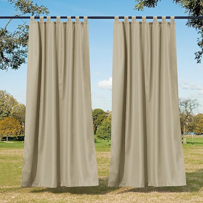 NICETOWN 2 Panels Outdoor Curtains for Patio Waterproof, Sun Block Tab Top Thermal Insulated Outdoor Vertical Drapes Privacy for Pergola/Gazebo/Bath, W55 x L95 Inch, Taupe