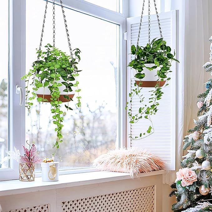 Hanging Planters for Indoor Plants, Set of 2 8/10 Inch Self-Watering Hanging Pots with Drainage Hole & Removable Water-Storage Tray II Screw-in Hooks