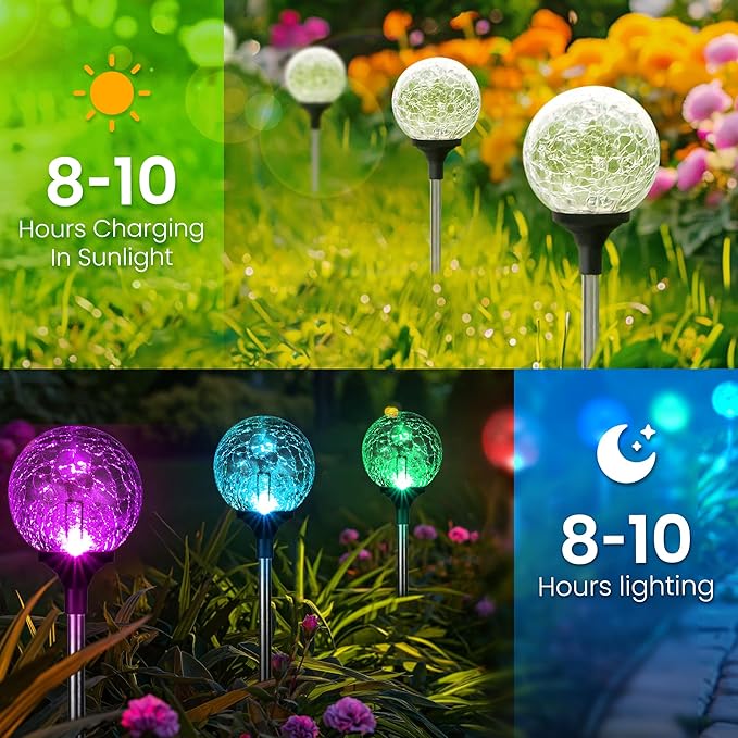 GIGALUMI Solar Garden Lights 6 Pack, Outdoor Solar Lights for Yard Decorative, Christmas Lights Outdoor Decorations Waterproof, Multi-Colored Changing Garden Globes Cracked Glass Ball with LED Lights