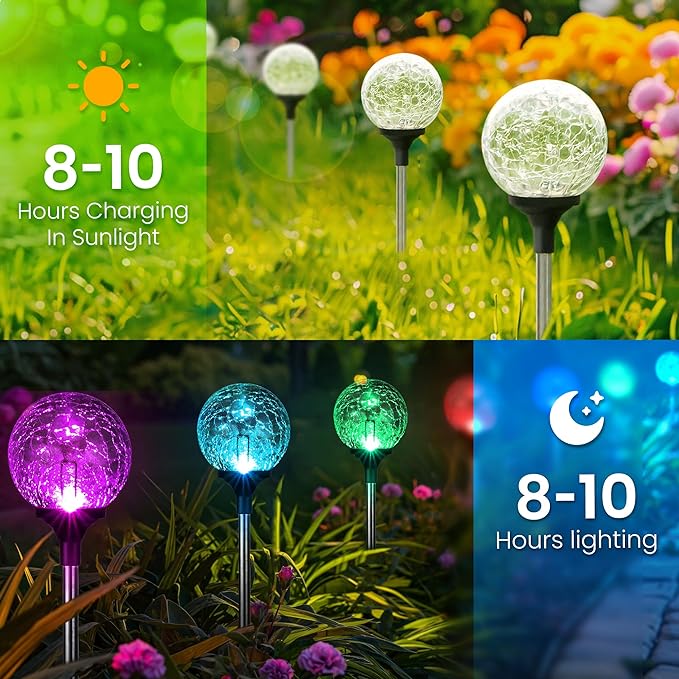 GIGALUMI Solar Garden Lights 3 Pack, Outdoor Solar Lights for Yard Decorative, Christmas Lights Outdoor Decorations Waterproof, Multi-Colored Changing Garden Globes Cracked Glass Ball with LED Lights