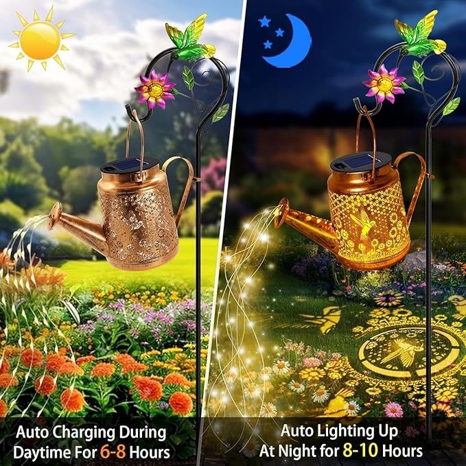 Solar Lanterns Outdoor, Hummingbird Sunflower Watering Can lights, Waterproof Hanging Lanterns, Solar Path Lights, Outside Decoration Gardening Christmas Gifts for Mom Grandma Women with Shepherd Hook
