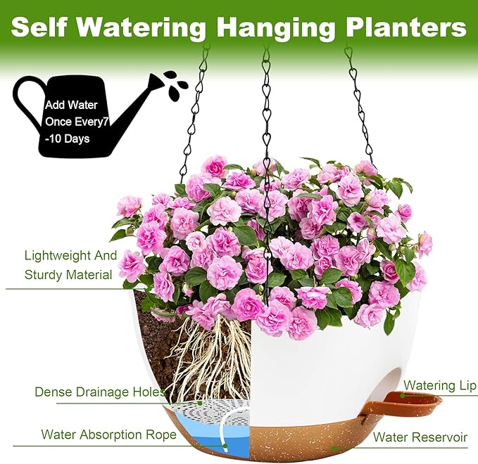 12 inch Hanging Planters for Indoor Plants, 2 Pack Self-Watering Hanging Planter Pots with Chain and Drainage Holes, Outdoor Plastic Hanging Baskets for Garden Home Decor