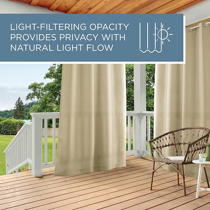 TOWN & COUNTRY BASICS Cabana Solid Heavyweight Indoor Outdoor Curtains, Light Filtering Opacity with Grommet Top, Water Repellent, 2-Pack Set, 54"x96", Natural