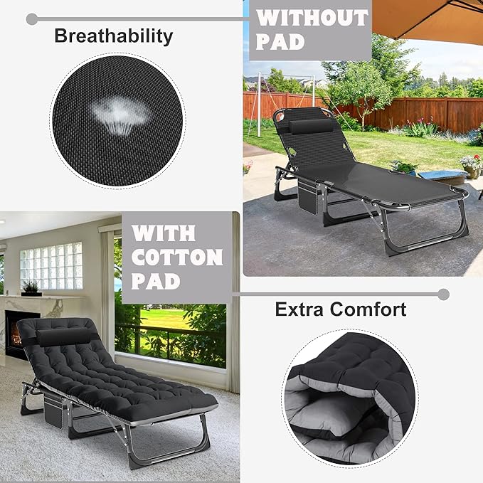 ABORON 2PK Oversized Chaise Lounge Chair,5 Positions Padded Outdoor Tanning Chair,Heavy Duty Portable Chair for Sunbathing Patio Pool Lawn Deck Poolside,Support up to 440 Lbs, Deep Black-2 Set