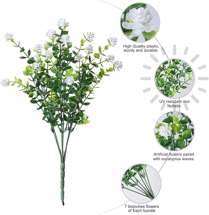 HyeFlora 20 Bundles Artificial Fake Outdoor Plants Flowers for Spring Decoration, UV Resistant Realistic White Plastic Flowers Faux Plant Monkey Grass for Planter Home Garden Porch Patio Window Box