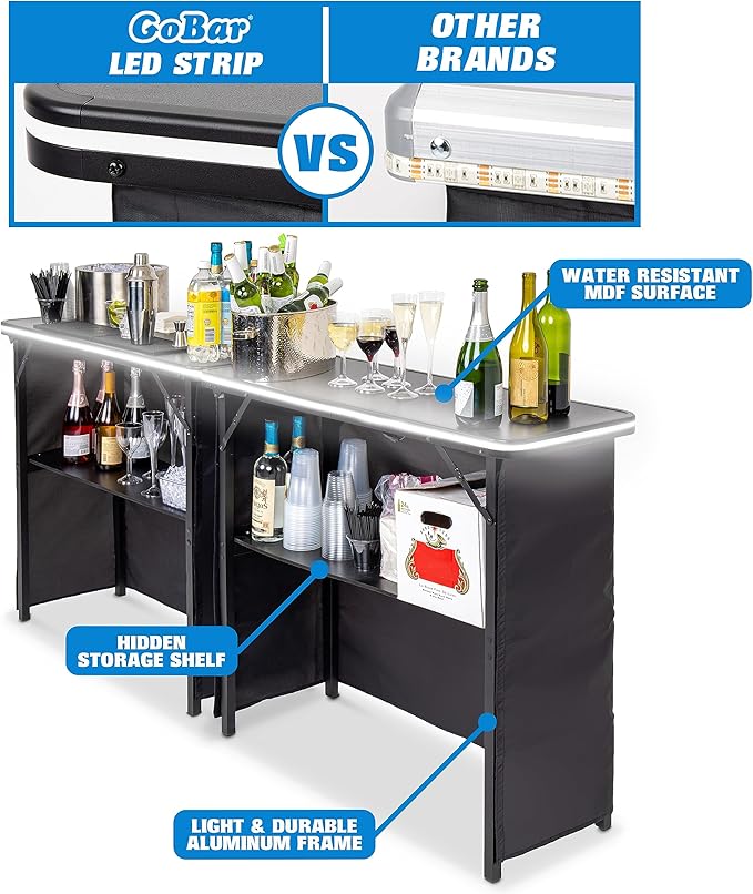 GoBar Portable Double Bar Table Set with Multi-Color LED Lights - Mobile Bartender Station for Events - Includes Carrying Case