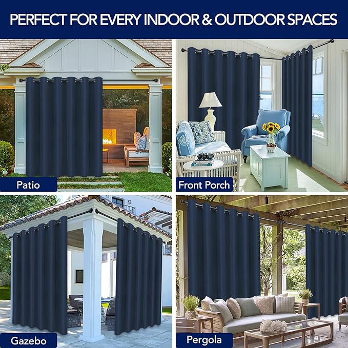 PureFit Outdoor Curtains for Patio Waterproof Weatherproof, UV Resistant Outside Curtains for Gazebo, Front Porch, Pergola, Sun Blocking Privacy Curtain, 100W x 95L inch, 1 Panel, Navy Blue