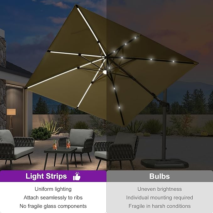 PURPLE LEAF 10 Feet Patio Umbrella with Base Outdoor Cantilever Solar Powered LED Swivel Square Umbrella Aluminum Offset Umbrella with 360-degree Rotation for Garden Deck Pool Patio, Beige