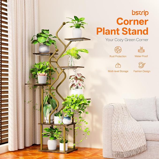 Bstrip 63 Inch Plant Stand with Grow Light, 7-Tier Indoor Plant Shelf with Hanging Hooks, Decor Corner Plant Stand for Living Room & Patio, Gold