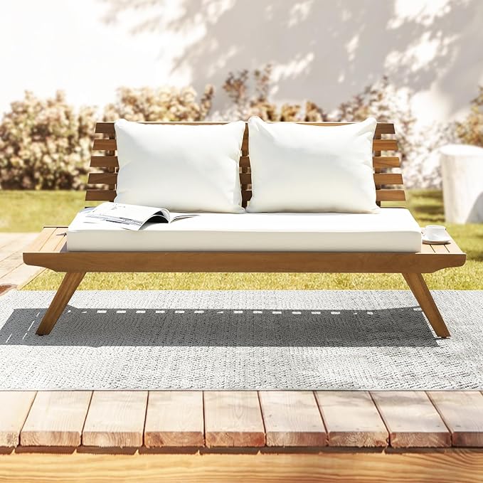 Idzo Lucille Updated 800lbs Capacity Acacia Patio Loveseat, FSC Certified 2 Seater Outdoor Sofa with 3.9in Thick Cushions, Teak Finish Porch Couch for Garden Backyard