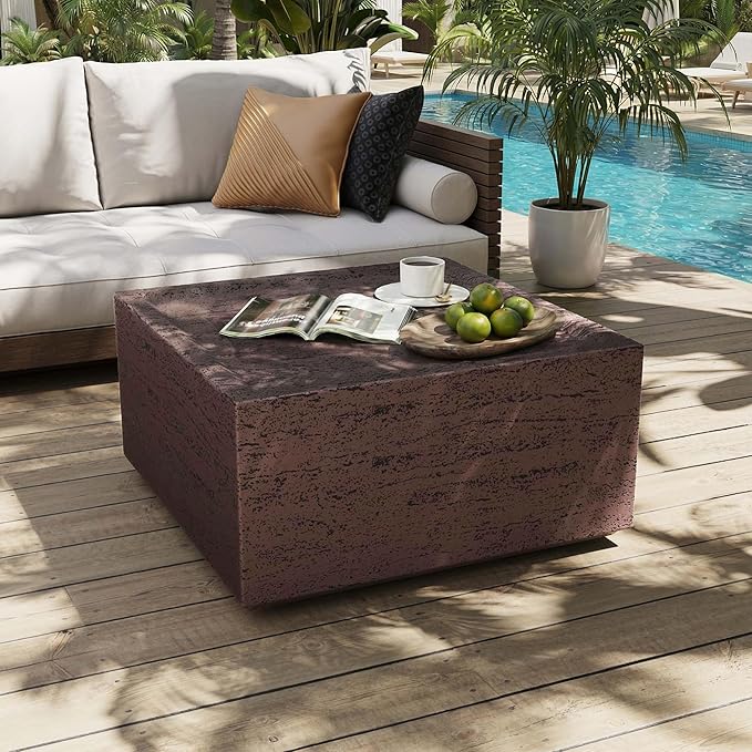UPHA Outdoor Square Coffee Table, Small Modern Minimalist Accent Tables, Low Light Concrete Center Table for Living Room, Outside Patio, Deck, 28×28×13, Rust Red