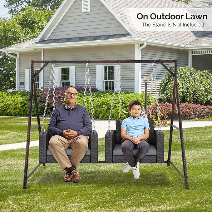 VINGLI 2.2 FT 1-Person Use Rattan Porch Swing Outdoor Support 440 LBS with Cushions & Adjustable Chains, Patio Wicker Swing Bench Chair for Garden, Yard, Lawn, Tree, Black