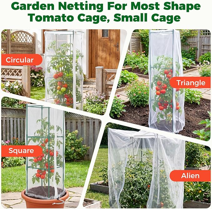 3Pcs Garden Bird Netting Plant Cover for Tomato Cage, 67" x 17.7" Insect Bird Barrier Tomato Cage Net with Zipper, Tomato Trellis Plant Netting Cover for Square Tomatoes Cages Plants Garden Protection