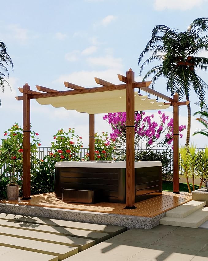 10 x 10 ft Aluminum Pergola with Adjustable Canopy, Outdoor Metal Pergola, Imitation Wood-Grain Sun Shade Shelter for Garden Patio Backyard Deck