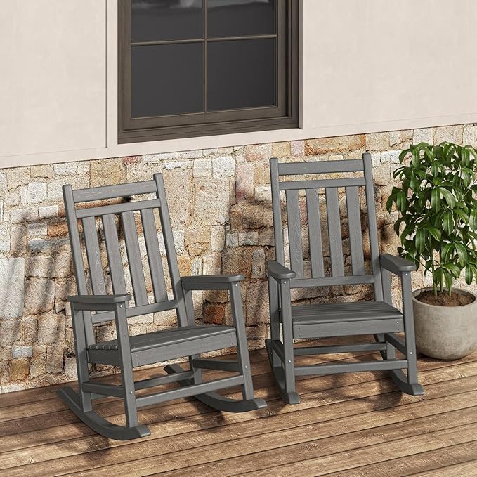 GarveeLife Poly Lumber Rocking Chair Outdoor Set of 2- HDPE High Back Porch Rocker Chairs for Adults - All Weather Resistant Furniture for Patio - Gray