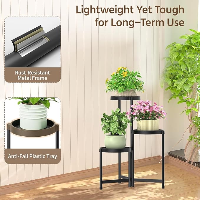 LASZOLA 3 Tiered Folding Plant Stand Indoor for Multiple Large Planter, Tall Heavy Duty Adjustable Rack with Rust Proof Plastic Shelving, Sturdy Vertical Tree Organizer for Narrow Inside Floor, Black