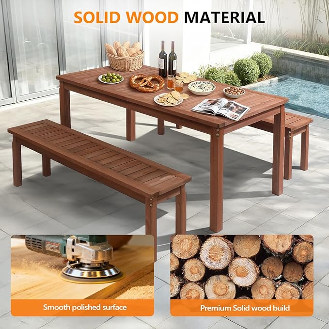 VINGLI 69-inch Large Outdoor Wood Dining Table for Patio, Solid Wood Patio Table Waterproof Wooden Table for Garden, Backyard, Deck - Durable Yard Furniture