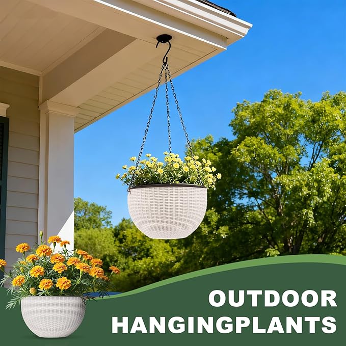 4 Sets of 8.2 Inch Self Watering Hanging Planter Flower Pots, Suitable for Indoor and Outdoor Plant Flower, Basket Flower Pots with Hanging Chains, Spray Bottles, Planting Tools, Hook (White)