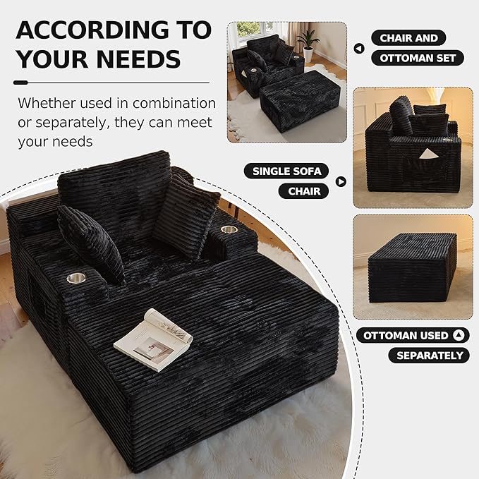 CHORRO67 Chaise Lounge Chair Indoor,Oversized Boneless Single Sleeeper Couch Bed,Corduroy Cloud Sofa with 3 Soft Pillows for Livingroom,Bedroom,No Assembly (Black)