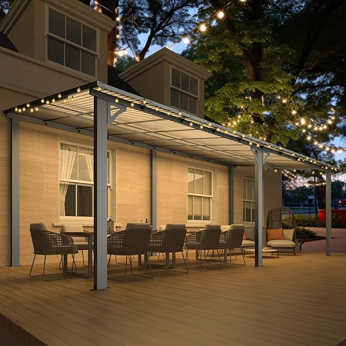 AECOJOY 20' x 10' Outdoo Gazebo Pergola for Patio, Large Wall-Mounted Pergolas and Gazebos Clearance Hard Top 10x20 Lean to Metal Gazebo Shelter Patio Roof, Heavy Duty Awnings for Backyard, Decks