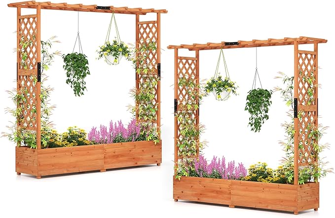 Giantex Set of 2 Raised Garden Bed with Trellis & Hanging Roof, Wood Planter Box with Bottom and Drainage Holes, Freestanding Garden Planter for Flower Vegetable Fruit Herb Climbing Vines, 77"x17"x72"