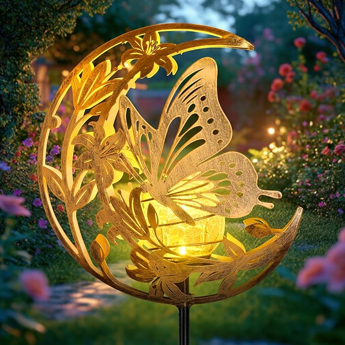 JOBOSI Solar Moon Butterfly Decorative Gift, Solar Butterfly Ground Stake Light, Mother's Day Gift,Gifts for Women Grandmother, Garden Lawn Decor Christmas & New Year Gift
