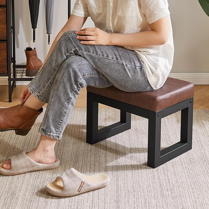 IBUYKE 16 Inch Small Foot Stool Ottoman, Rectangle PU Faux Leather Foot Rest with Padded Seat and Metal Legs, Modern Ottoman Foot Rest for Living Room Bedroom Entryway Couch, Dark Brown WBD026Z