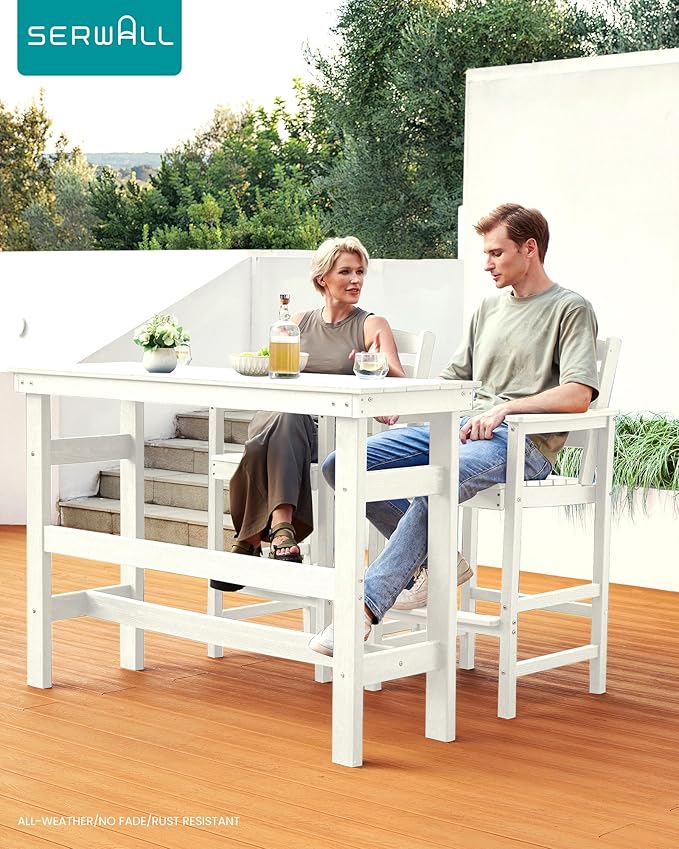 SERWALL 41" Outdoor Bar Table, HDPE Patio Bar Counter Height Table, All Weather Adirondack Outdoor Bar Height Table, Rectangle Patio Bar Table for Outside, Garden, Backyard, Balcony, Poolside, White