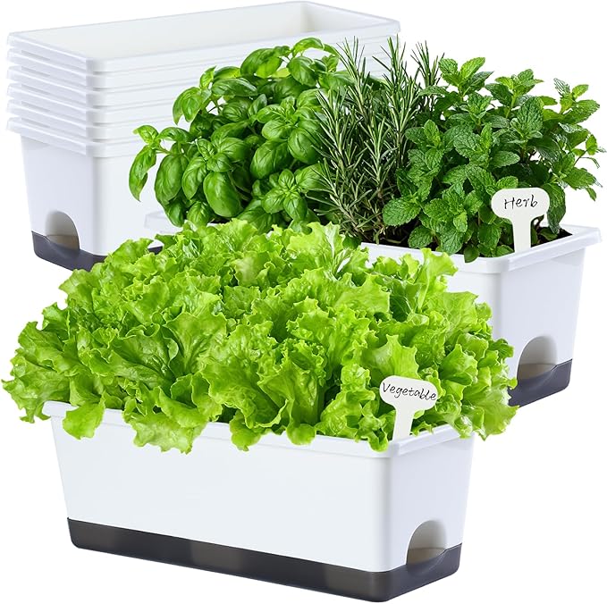 Window Box Planter 8 Pcs, 17 Inches Rectangle Flower Pots with Drainage Holes & Trays, Vegetable Planters for Windowsill Patio Garden Balcony Home Indoor Outdoor (White, 16 * 7 * 6 inch)