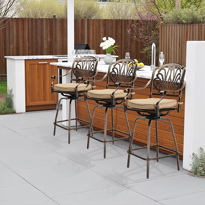 VINGLI Outdoor Swivel Bar Stools Set of 2, Cast Aluminum Patio Bar Height Chairs, All-Weather Bar Dining Chairs Outdoor Swivel Patio Furniture (Elizabethan Back)