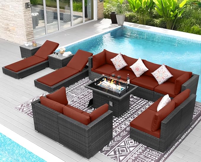 NICESOUL 13 Piece Large Outdoor Sectional with Fire Pit Table, 29.3'' High Back Patio Furniture with Fire Pit Table & Chaise Lounge, Big Deep 10-Seater for Garden, Grey Wicker & Burgundy Cushion