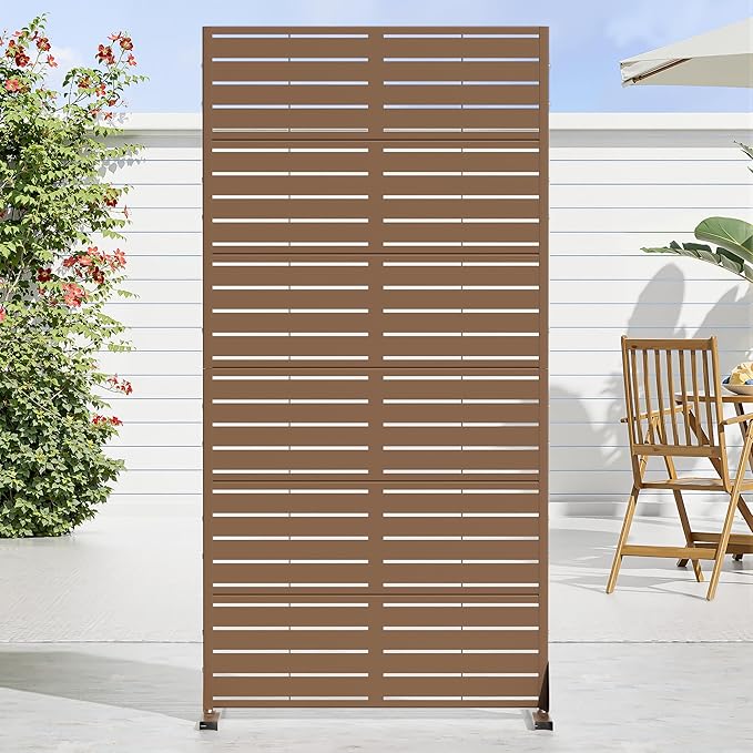 Casaphoria Metal Privacy Screen Outdoor, 72" H x 35" W Freestanding Decorative Privacy Screen for Patio Deck Balcony Garden with Stable Base, Brown-Louvered