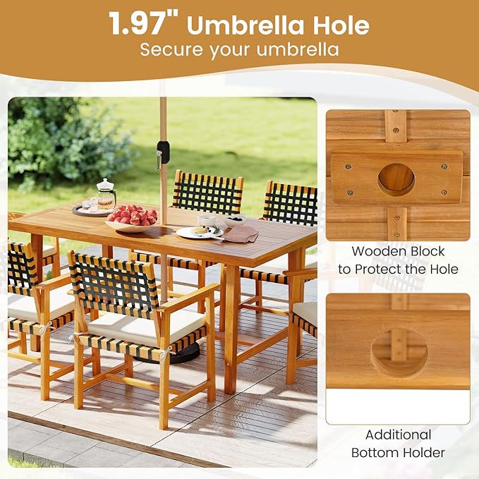 Tangkula 7 Piece Patio Dining Set for 6 People, 63” Outdoor Rectangular Acacia Wood Table with 1.97” Umbrella Hole & 6 Armchairs with Padded Seat Cushions, for Deck Yard and Poolside