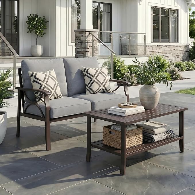 RoyalCraft 2-Pieces Outdoor Patio Furniture Set, Outdoor Metal Sectional Furniture with Cushions, Outdoor Conversation Set with Coffee Table for Backyard, Garden, Balcony, Deck, Grey