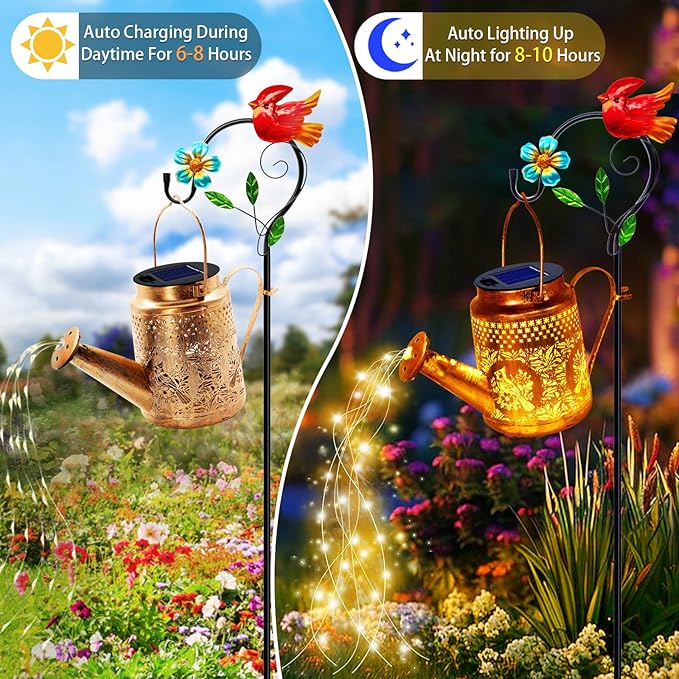 Solar Lights Outdoor Garden Decor, Cardinals Hanging Waterproof Watering Can Lights Outside Decorations for Yard Front Porch Patio Christmas Gift for Mom Grandma Women Birthday （with Shepherd Hook）