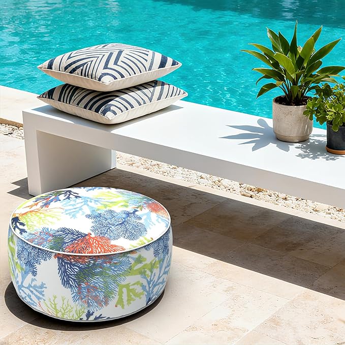 LVTXIII Outdoor Inflatable Footrest Stool, Patio Water Repellent Ottoman with Handle, Portable Round Ottoman Pouf for Garden, Balcony or Home Use, 21x21x9 Inch, Coral Multi