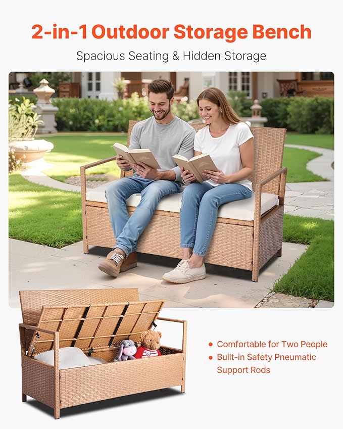 VEVOR Outdoor Storage Bench, 2-Person PE Rattan Storage Bench, 70 Gal Deck Box with Cushion, Supports up to 265 lbs, Weatherproof Outdoor Seating & Porch Decor for Patio Garden Balcony Yard