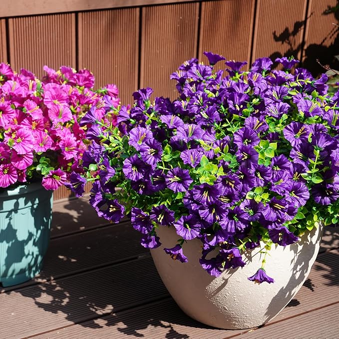 Artificial Flowers for Outdoors, UV Resistant Fake Silk Morning Glory, Realistic Faux Plants for Outside Porch Patio Window Box Hanging Planter (16, Purple)