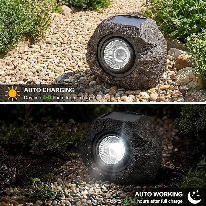Solar Rock Lights Outdoor Garden Waterproof - Super Bright LED Solar Spotlights, Solar Powered Landscape Path Decorative Garden Stone Lights for Pathway, Walkway, Yard, Patio (2 Pack)