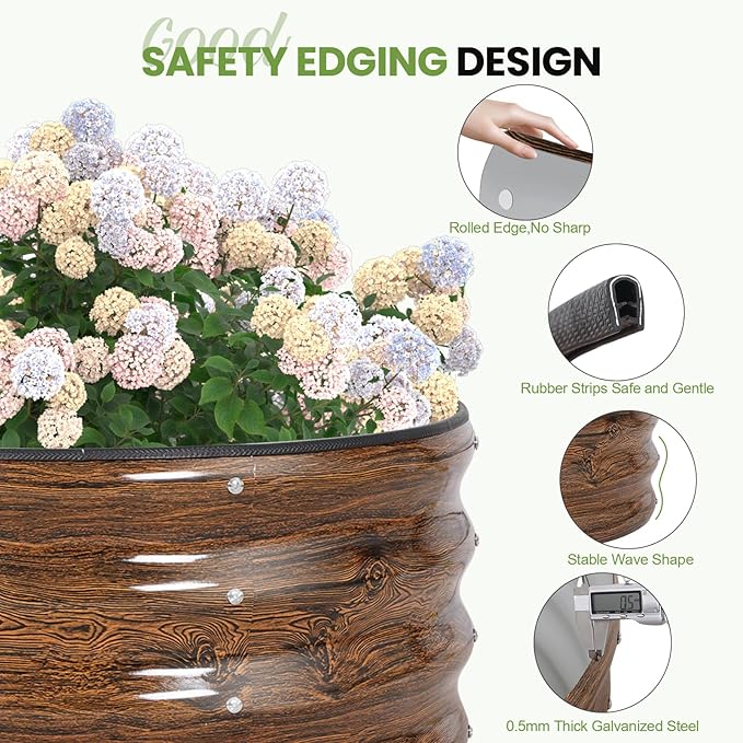 G GOOD GAIN Round Raised Garden Bed - 3Pcs 2x2x1ft Galvanized Steel Planter Boxes Outdoor with Rubber Edge Trim | Metal Raised Beds for Gardening Vegetables Flowers Fruits Herbs (Wood Grain)