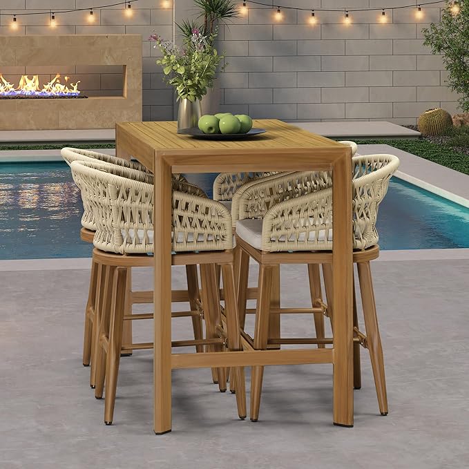 PURPLE LEAF Outdoor Rattan 24" Counter Height Bar Stools Chair Set of 2, Modern Upholstered Patio Bar Stool with Backrest for Indoor and Outdoor, Kitchen Island, Teak