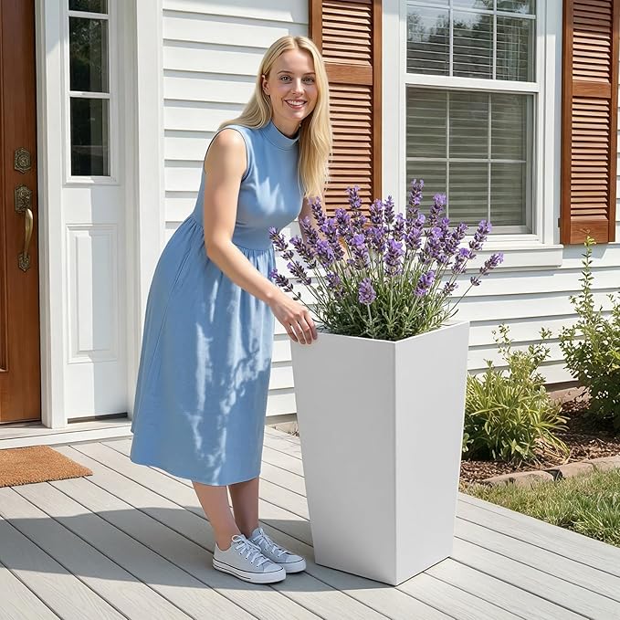 VEVOR 30 inch Tall Planters for Outdoor Plants Set of 2, White Tall Planter for Indoor Plants, Modern Large Planters for Front Porch Patio Balcony, Plant Container Flower Pots with Built-in Drainage
